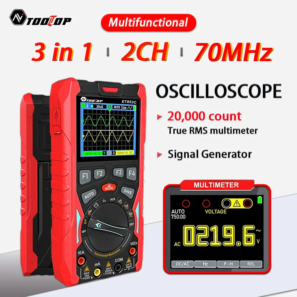 

TOOLTOP 2CH Digital Oscilloscope 70MHz Bandwidth 200MS/s 20,000 Counts True RMS Multimeter Signal Generator 3in1 Car Diagnostic