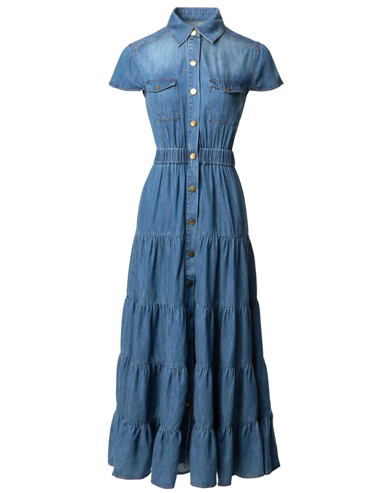 

XXL Long Denim Dress 2025 Summer Women Turn-down Collar Chest Pocket Patchwork Button Front Short Sleeve Long Jeans Dress Maxi