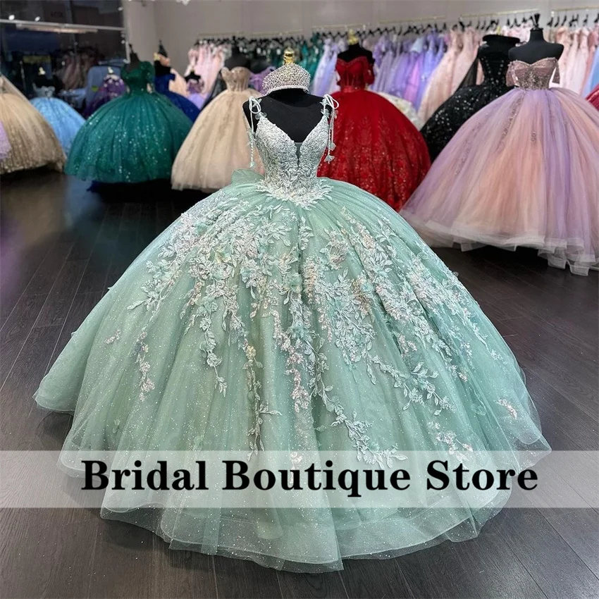 Vestidos princesa Quinceanera com laço, verde claro, apliques florais de renda, miçangas doces, baile, vestido de baile, glitter verde claro