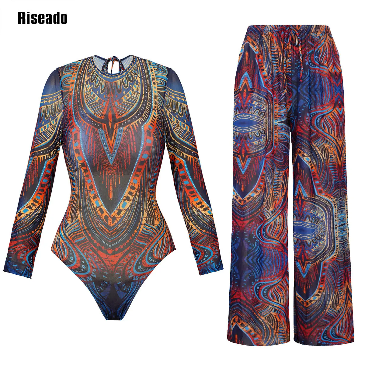 Riseado Mesh Swimsuit with Long Pants & Swimdress Long Sleeve Mesh Beachwear Sexy High Waist Bathing Suit Smart Beach Clothing