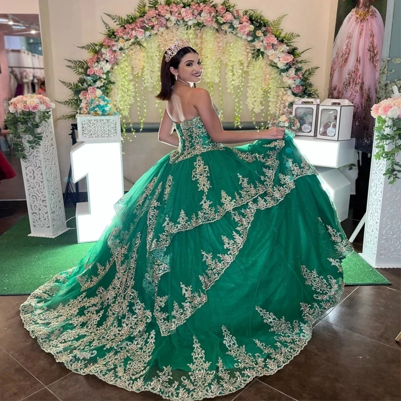 

Green Quinceanera Dresses Sweetheart Gold Appliques Lace Beads Tull Lace-up Corset Ruffles prom Vestidos 15 De XV Anos