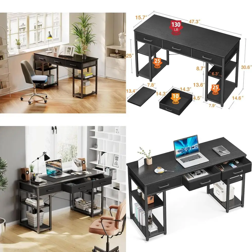 

Compact Fabric Desk with Storage: Modern Writing Table, Black, 48'' x16''