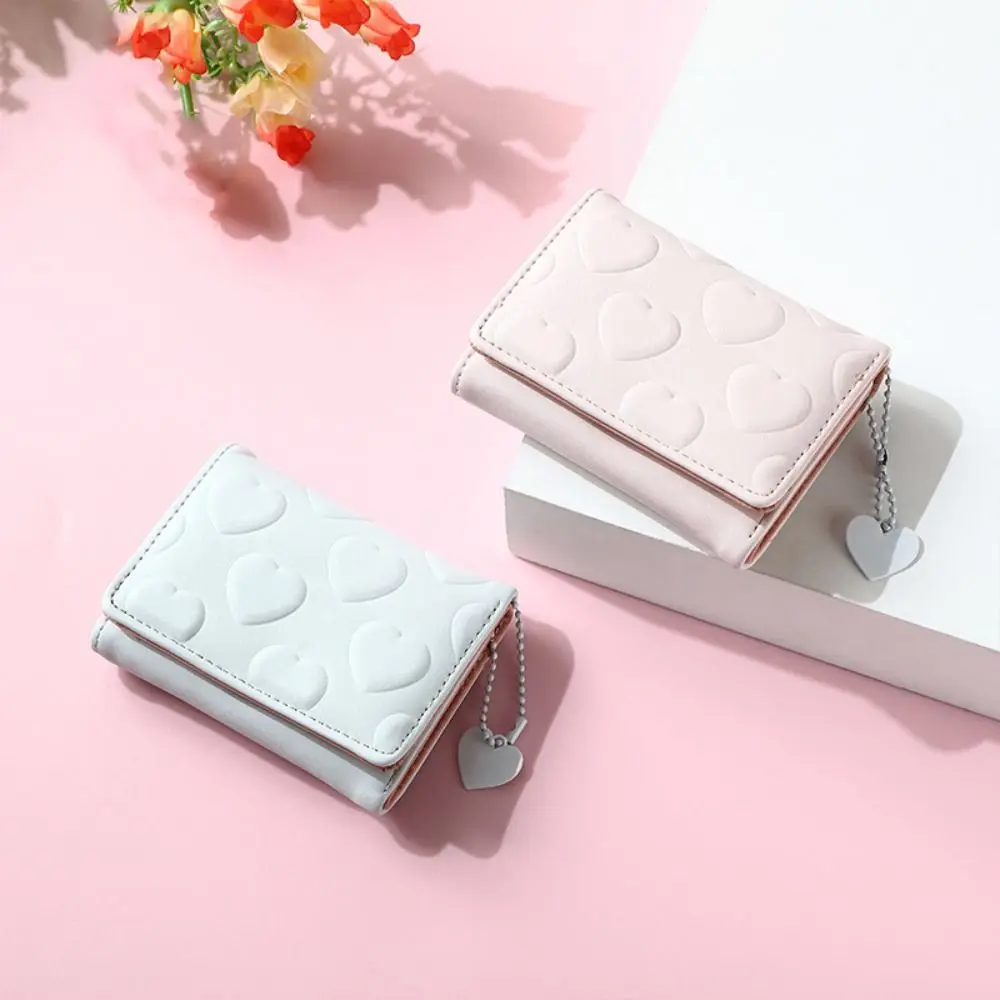 

Cute Imprinted Love Wallet Multi-card Slot Solid Color Three Fold Wallet Short Multifunction PU Leather Card Holder Outdoor