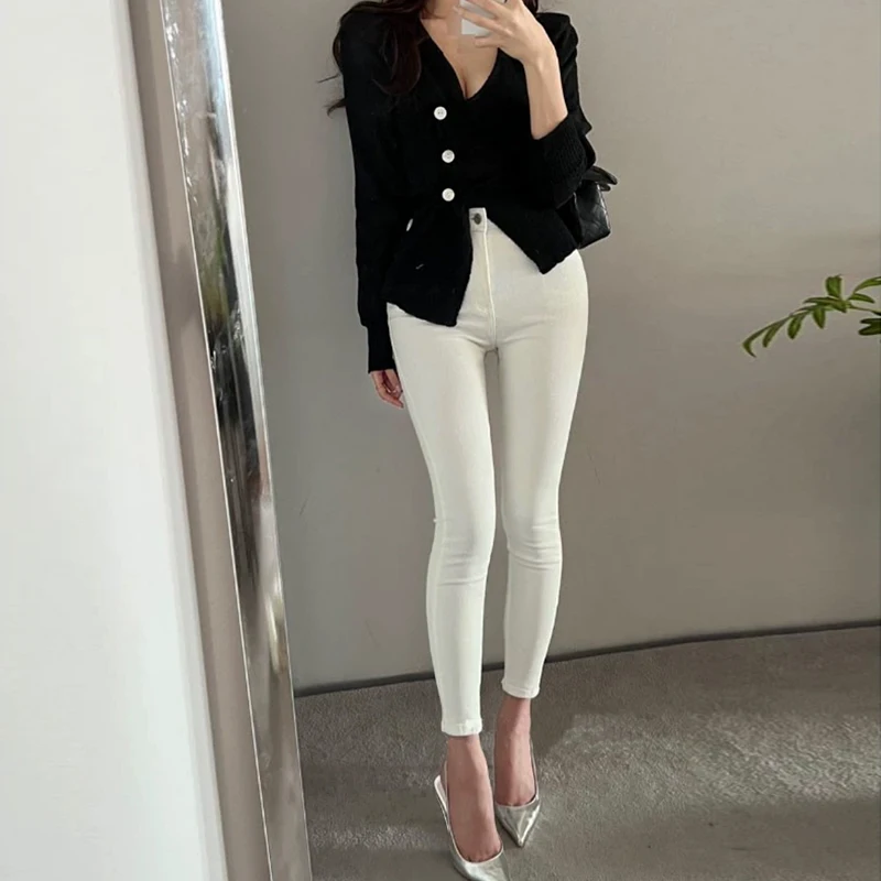 Jeans denim slim fit a vita alta Pantaloni casual elastici versatili da donna Dongda Gate Leggings affusolati sexy bianchi semplici Sle