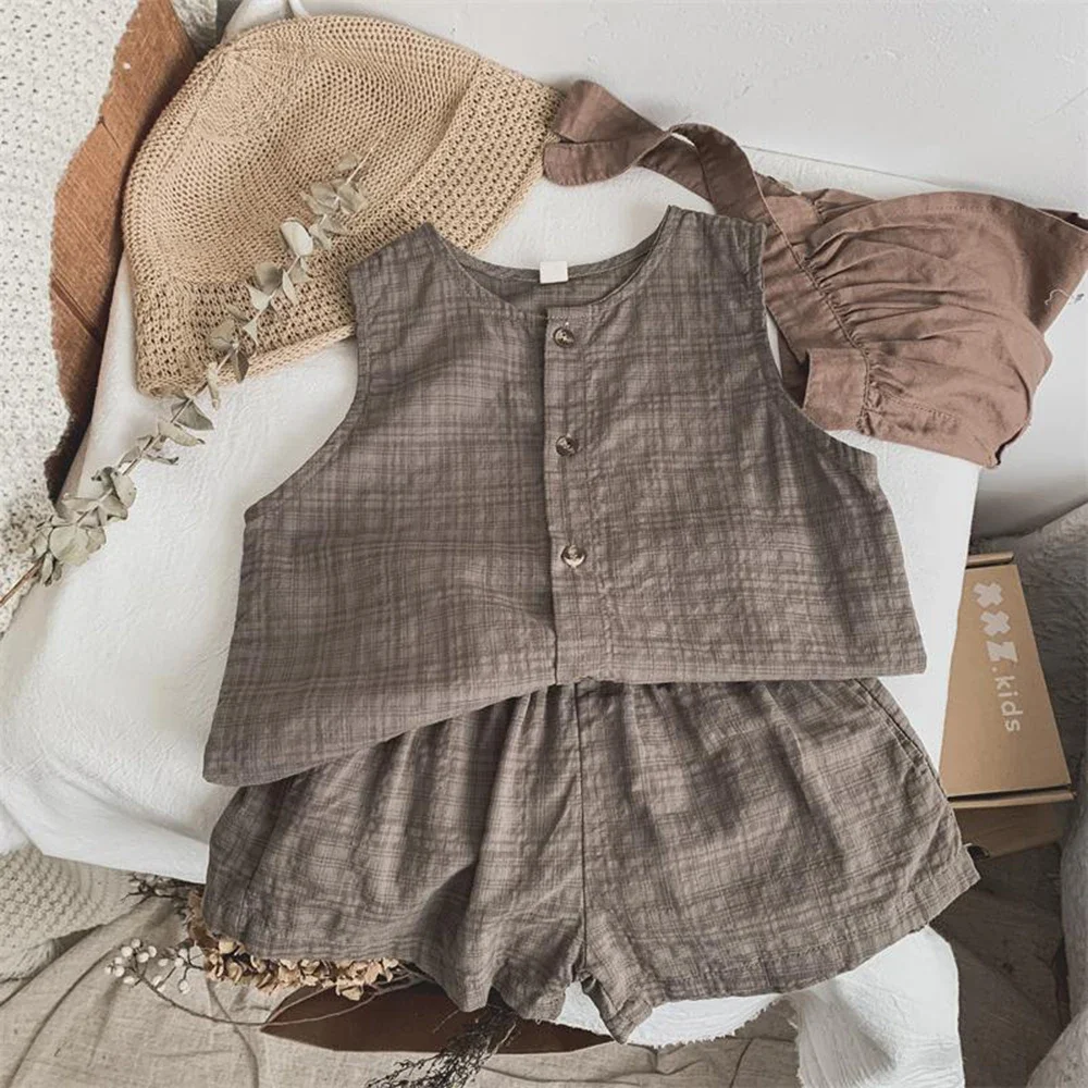 Summer Girls Retro Set Forest Style Dark Checkered Round Neck Vest+Shorts Korean Version Two-Piece Set