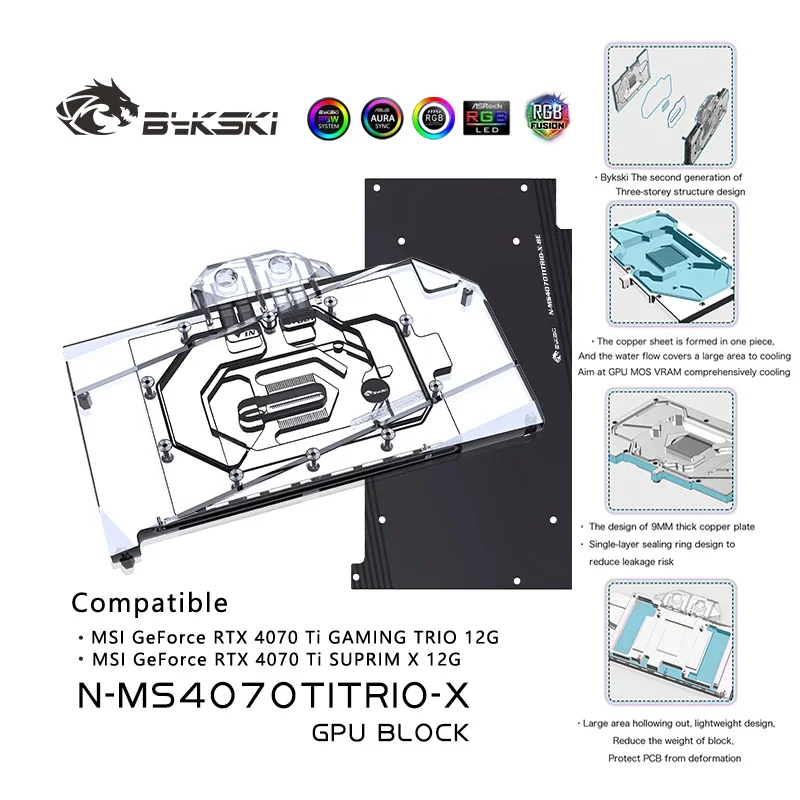 

Bykski GPU Water Block Card Copper Cooling Radiator RGB SYNC for MSI GeForce RTX 4070 Ti GAMING TRIO SUPRIM X N-MS4070TITRIO-X