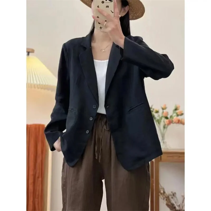 سترة نسائية للخريف بلون سادة أنيقة OL للعمل بأكمام طويلة ورقبة على شكل طية صدر السترة ملابس خارجية من القطن سترات فضفاضة #1