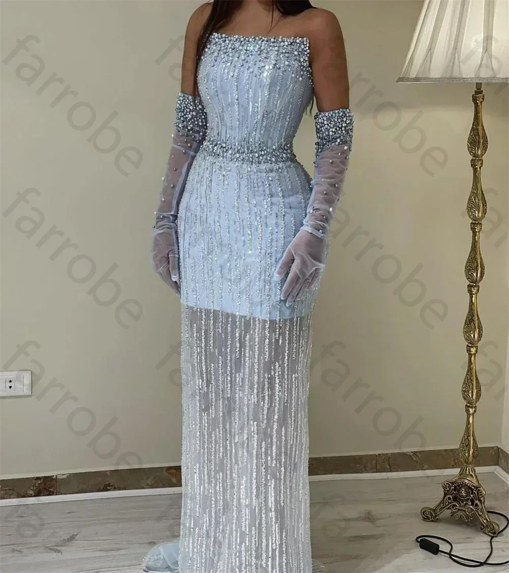 Robe de Soirée de Forme Sirène pour Femme Arabe, Tenue Élégante et Personnalisée, Sans Bretelles, avec Perles Bleu Clair, de Luxe, Dubaï, pour ixde Mariage