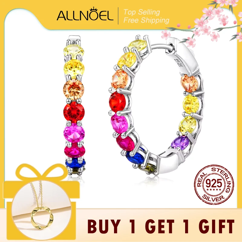 

ALLNOEL 925 Sterling Silver Hoop Earrings For Women Colorful Zircon Rainbow Crystal brincos серьги pendientes Fine Jewelry