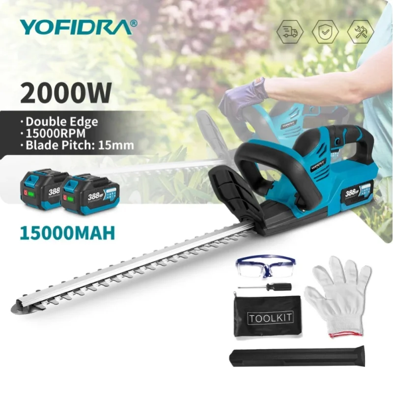 YOFIDRA Kabelloser Elektrischer Heckenschneider 2000W 15000RPM Astsäge Rasenmäher Garten-Trimmwerkzeug für Makita Akku