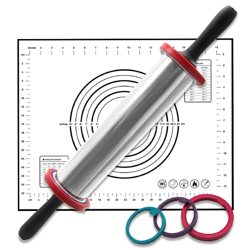 

Регулируемая Скалка длиной 48 см с антипригарным силиконовым ковриком для выпечки, Скалка из нержавеющей стали для помадки, коврик для теста для пиццы, подкладка для выпечки