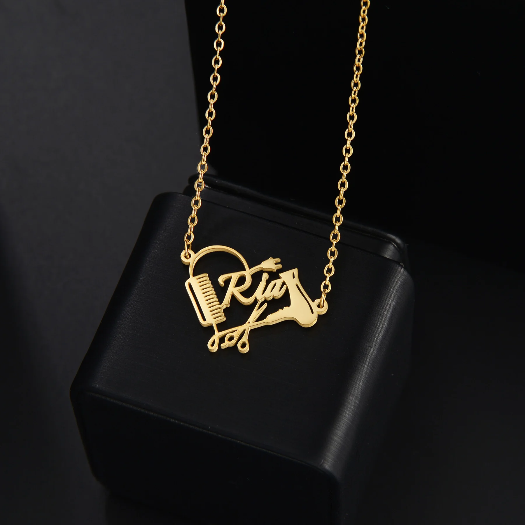 Fashion Custom Name Necklace for Women High-End Stainless Steel Jewelry Personalized Comb Scissors Hair Dryer Love Gift for Girl