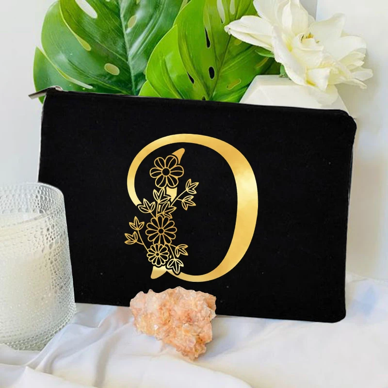 Bolsa de maquillaje con patrón de iniciales del alfabeto, estuche organizador de cosméticos portátil de gran capacidad, fuente dorada, regalo para maestros, damas de honor, 26