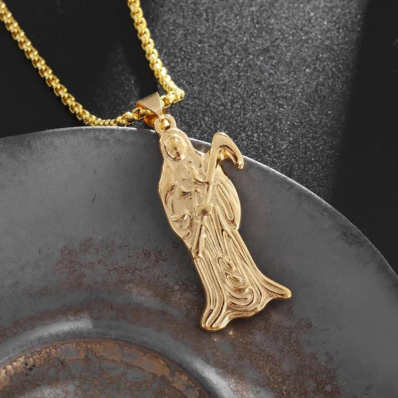 New Stainless Steel Santa Muerte and Scythe Pendant Necklace Amulet Jewelry Birthday Gift Accessories for Men and Women