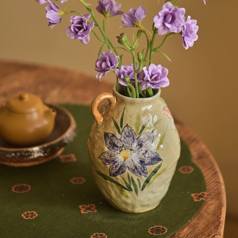 مزهرية سيراميك لتزيين غرفة المعيشة، مزهرية زهور كلاسيكية على شكل زهرة أذن واحدة مرسومة يدويًا بكلمات سعيدة، برطمان فخار عباد الشمس