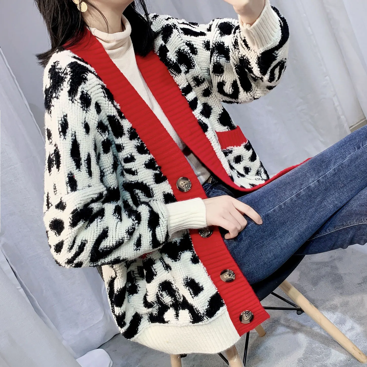 Autumn Women Fashion Long Sweater Loose Cardigans Leopard Casual Cardigans Red Yellow Oversized Knitted Jacket Outwear Winter