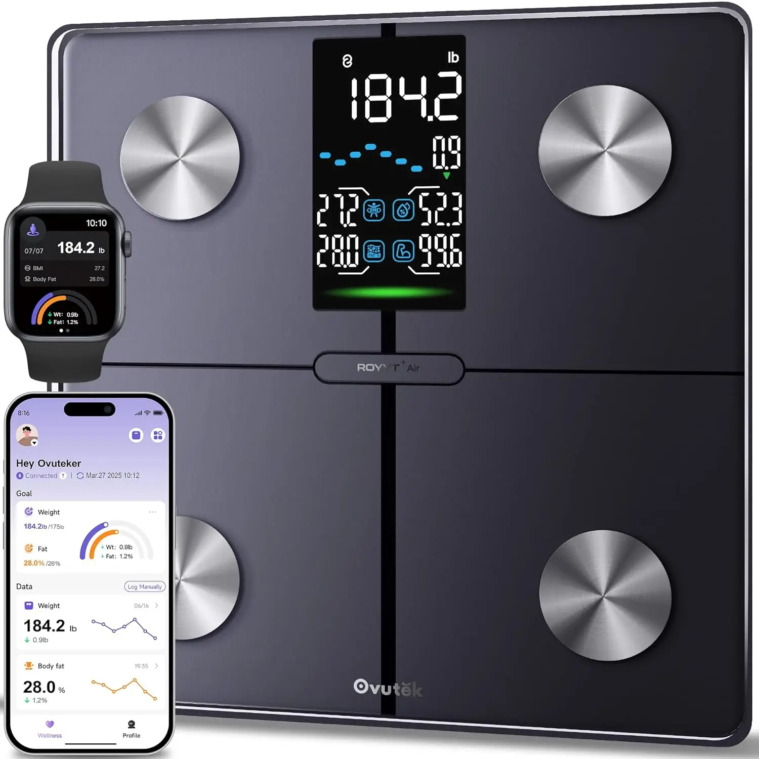 

Smart Digital Bathroom Scale with BMI, Body Fat, Muscle Mass - High Accuracy to 0.05lb, Large Display & Fitness App
