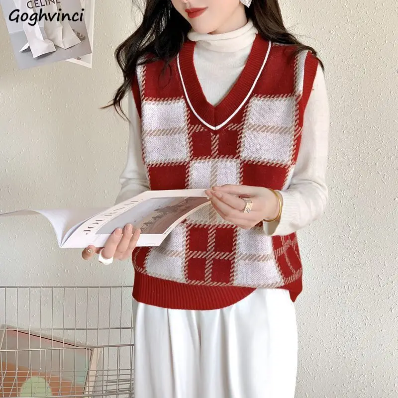 

Sweater Vest Women Plaid Casual Outwear V-neck Slouchy All-match Knitted Comfortable Korean Fashion Autumn Mujer Trendy Popular