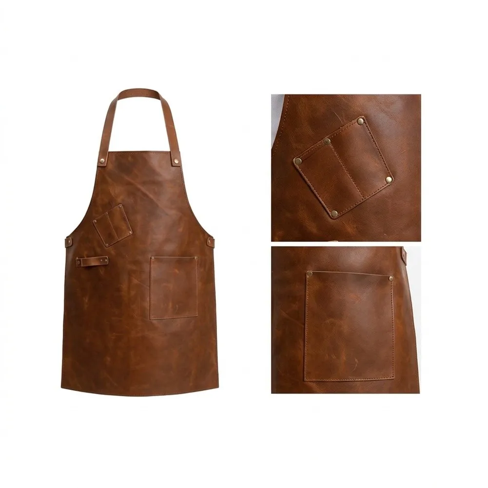Grilling apron made from PU leather with oil-repelling finish and For watertight layer plus two pockets for quick item retrieval
