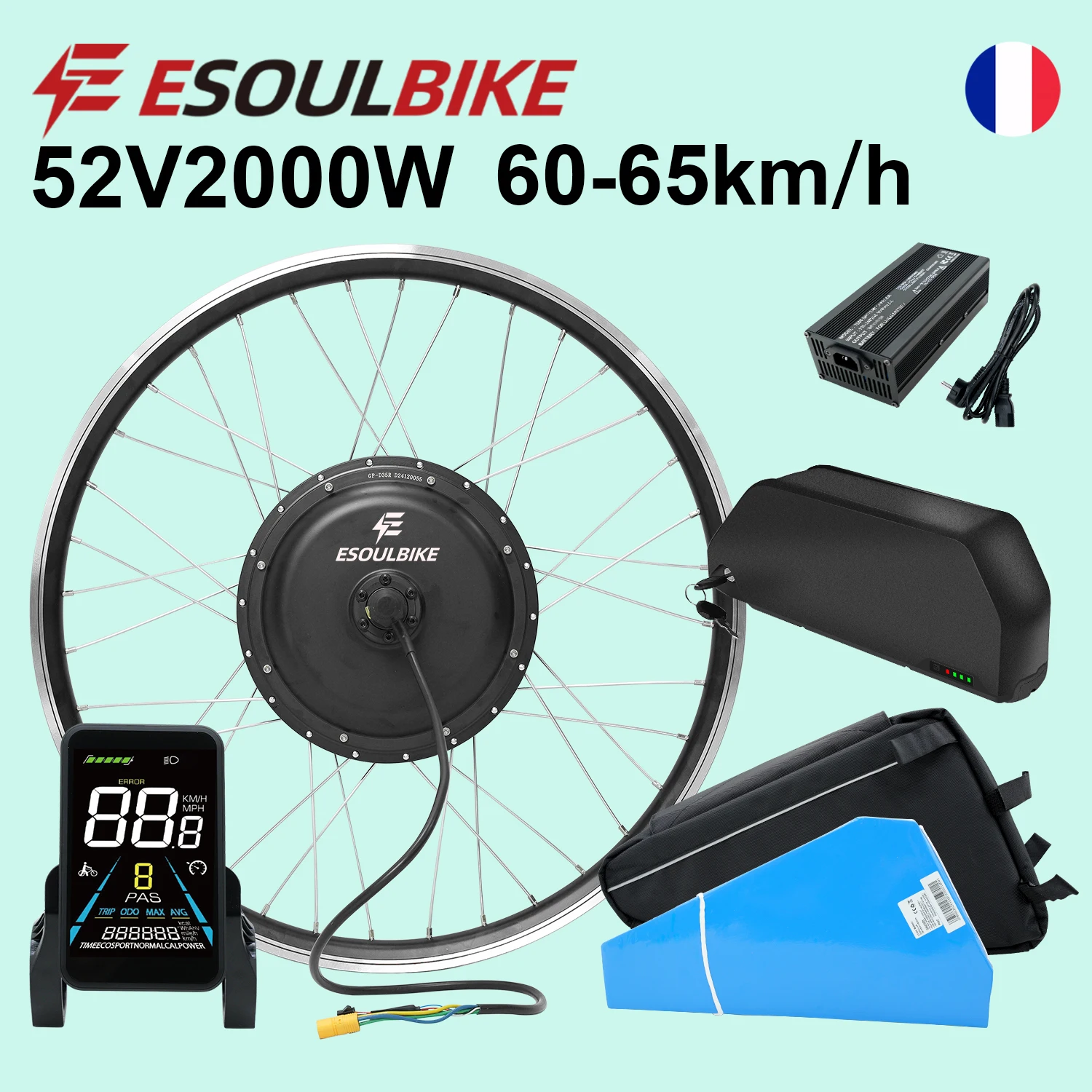 Kit de conversion de vélo électrique à entraînement arrière ESOULBIKE 52V 2000W Moteur de moyeu Kit de vélo électrique 26 27,5 28 29 700C Roue avec batterie 20Ah 35Ah