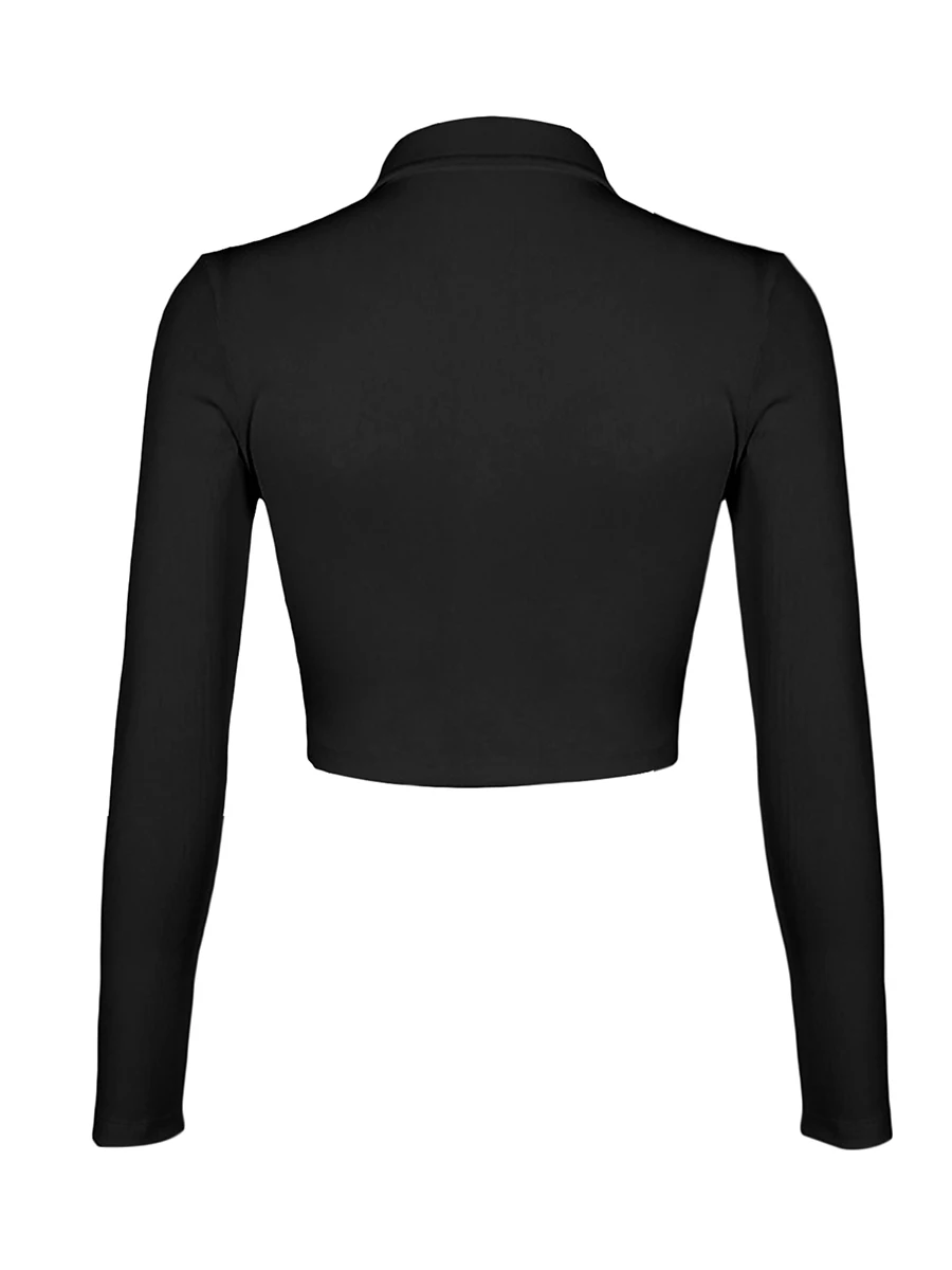 Kimydreama-t-shirt curta com meio zíper para as mulheres, cor sólida, malha com nervuras, lapela, manga comprida, casual, esportes, bodycon