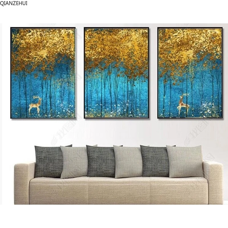 

DIY full Diamond Embroidery,Round Diamond golden forest elk triple Living room decoration rhinestone Diamond painting