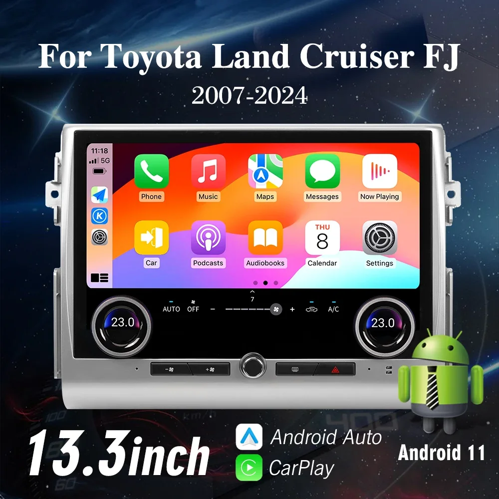 

13,3-дюймовый автомобильный радиоприемник Carplay для Toyota Land Cruiser FJ 2007-2024 Android11, мультимедийный плеер с сенсорным экраном, GPS-навигация, стерео