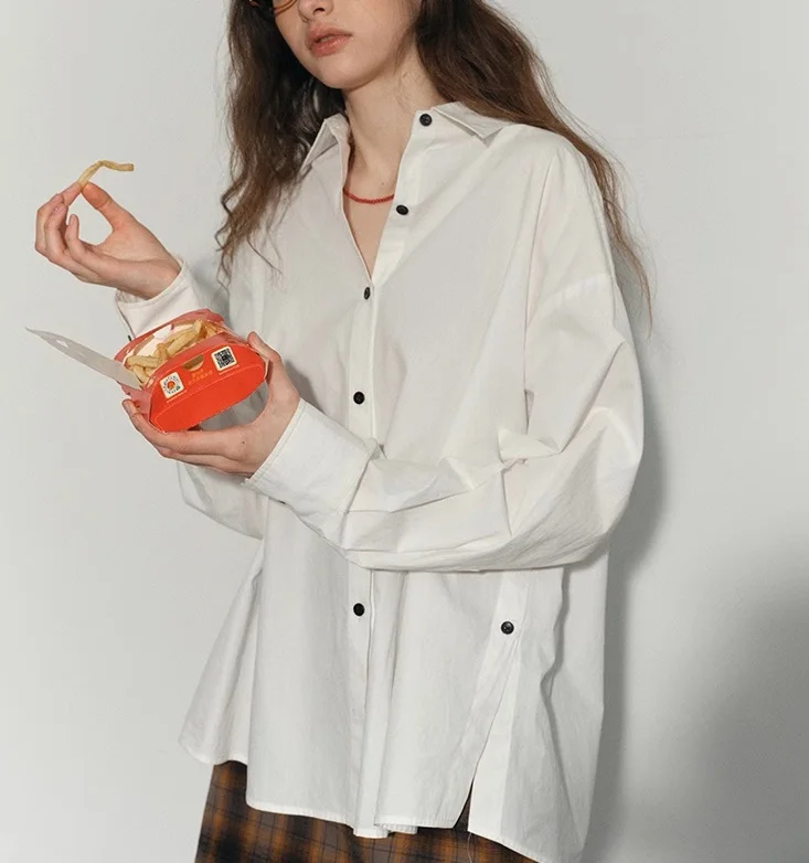 

Loose White Casual Shirt Women's Spring Autumn New Fashion Versatile Button Design Long Sleeve Comfortable Top