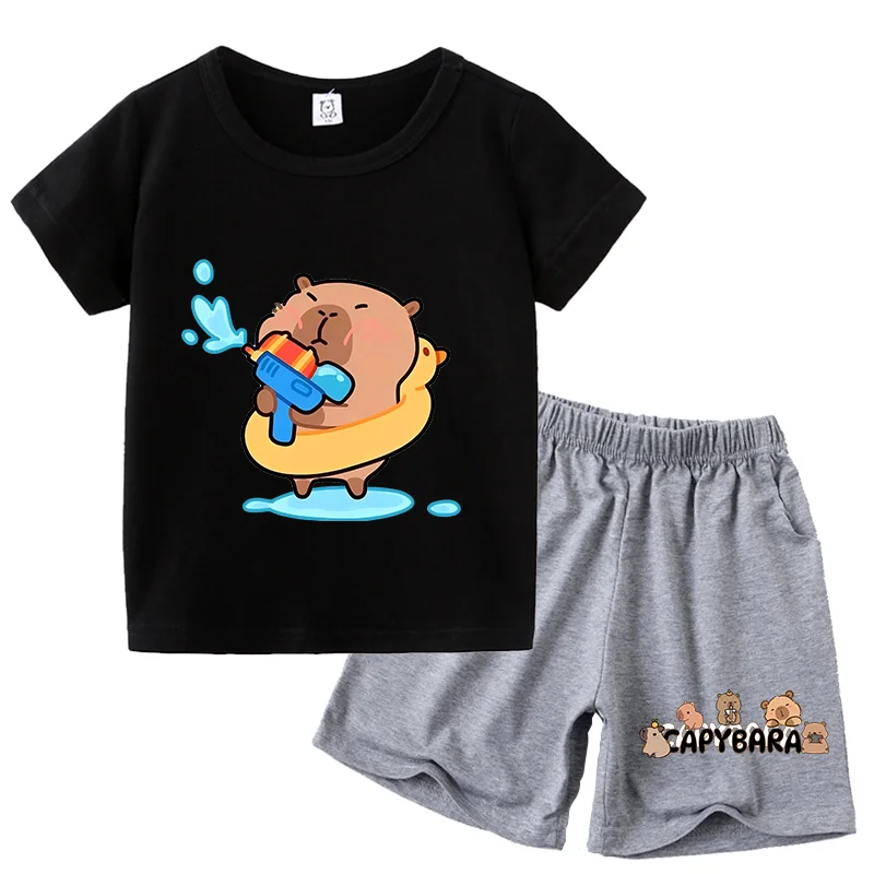 Capybara 2 pièces coton à manches courtes T-shirt pantalon dessin animé enfant chemise athlétique costumes garçon Figure animale pantalon ensemble fille vêtements