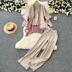 Chic Women Three-Piece Sets Knit Half High Collar Top Open Stitch Coat Slim Wide Leg Pants Korean High Street Vintage Clothing