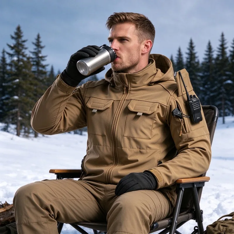 Detachable Hood Tactical Soft Shell Jacket Men Warm Windproof Winter Fleece Lined Multi-Pocket Military Coat for Hiking Hunting