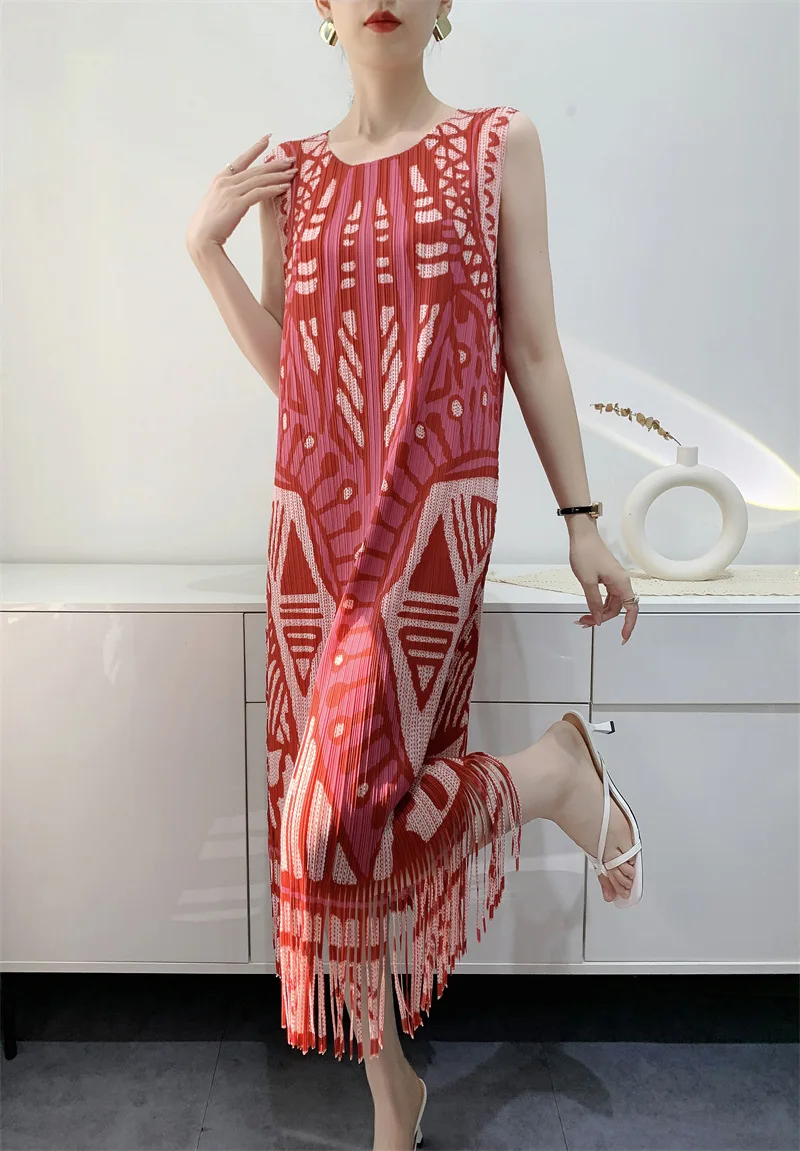 Faltbares Miyake Plissee-Quasten-Nischenkleid Damen Mittellanges Ärmelloses Enges Unterhemd-Rock 2025 Sommer Neu – Detail 11