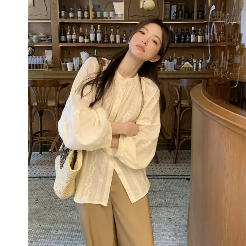 

Long Sleeve Shirts Womens Striped Ruffled Slim Fit Turn Down Collar Feminine Elegant Preppy Minimalist Travel Spring Outfit