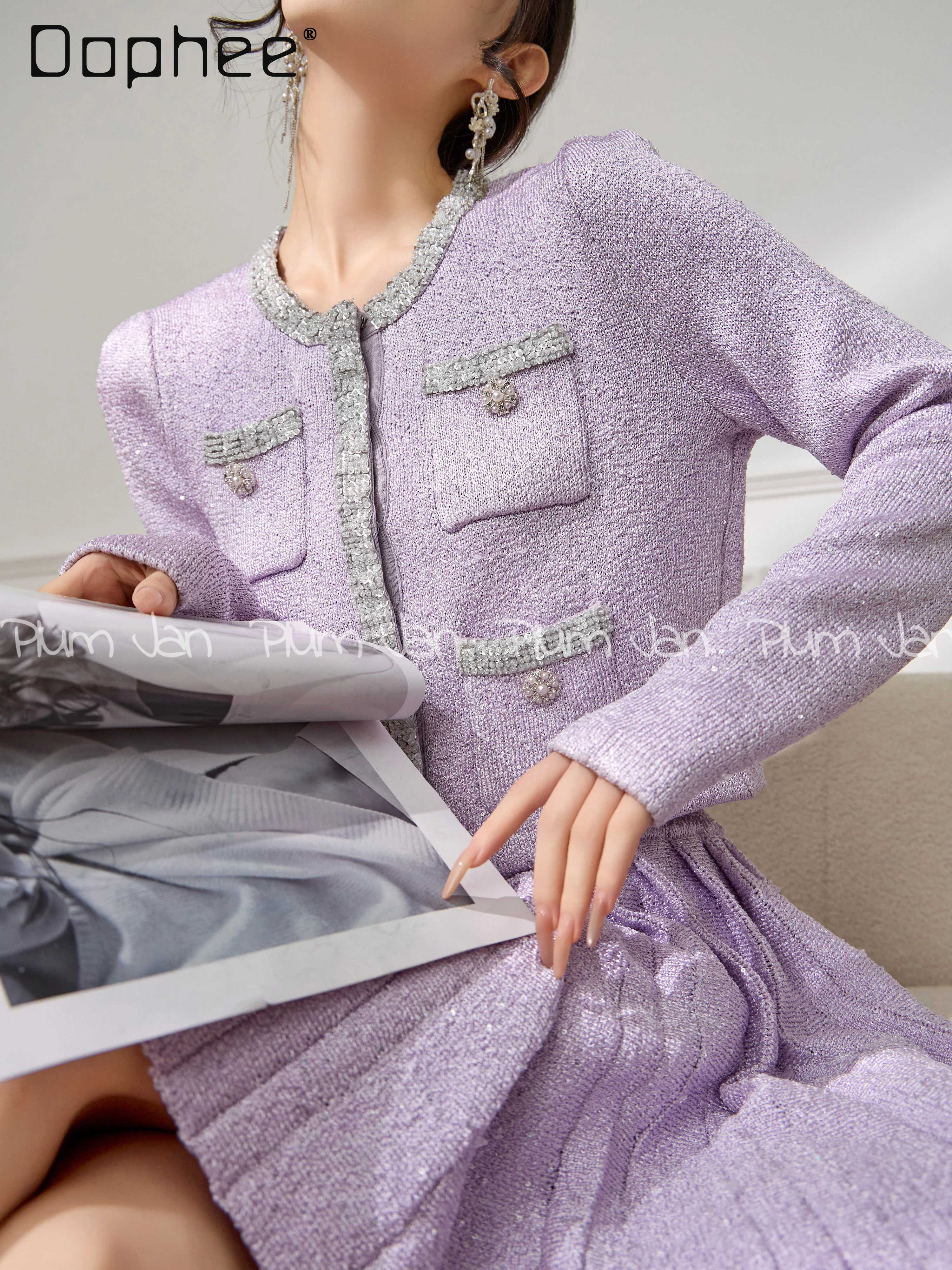 

French Elegant Socialite Tweed Sets Heavy Beading Rhinestone Round Neck Long Sleeve Short Cardigan Pleated Skirt Two-Piece Set