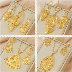 Wedding 9999 24K Real Gold Leaf Flower Necklace Women's Earring Set Pendants