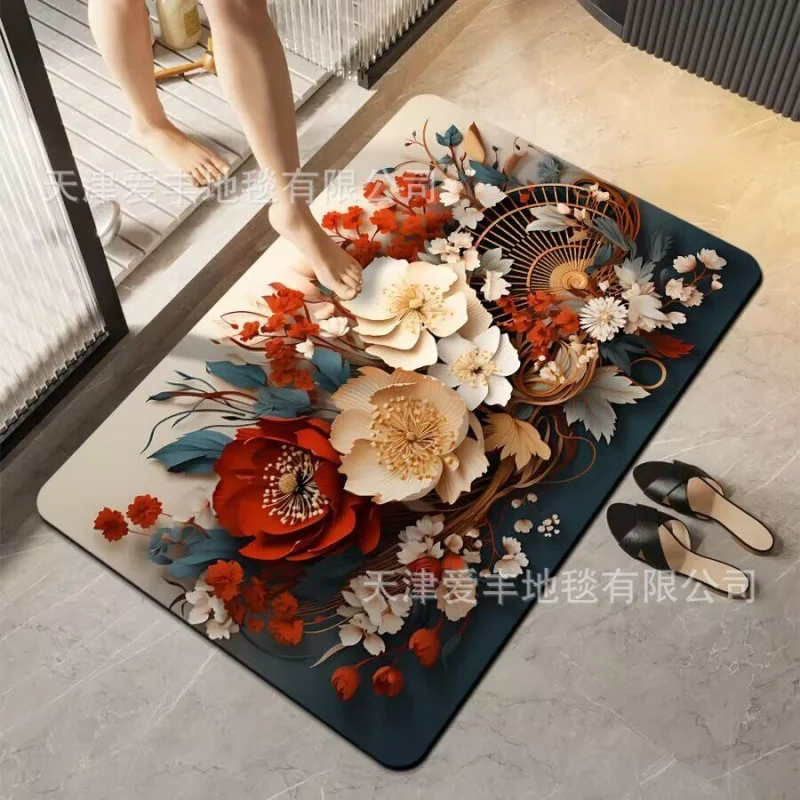 

VIKAMA New Chinese Flower Bath Carpet Water Absorbing Anti slip Quick drying Foot Mat Toilet Entrance Floor Mat