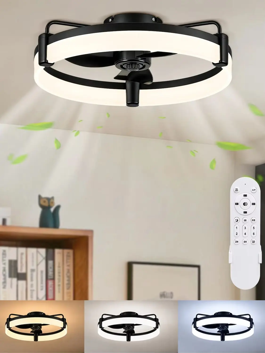 Moderner Deckenventilator mit LED-Ringbeleuchtung, 3 Farben dimmbar, 6 Geschwindigkeiten, reversibler DC-Motor, ultra-leiser, flacher Ventilator für Wohnzimmer und Schlafzimmer