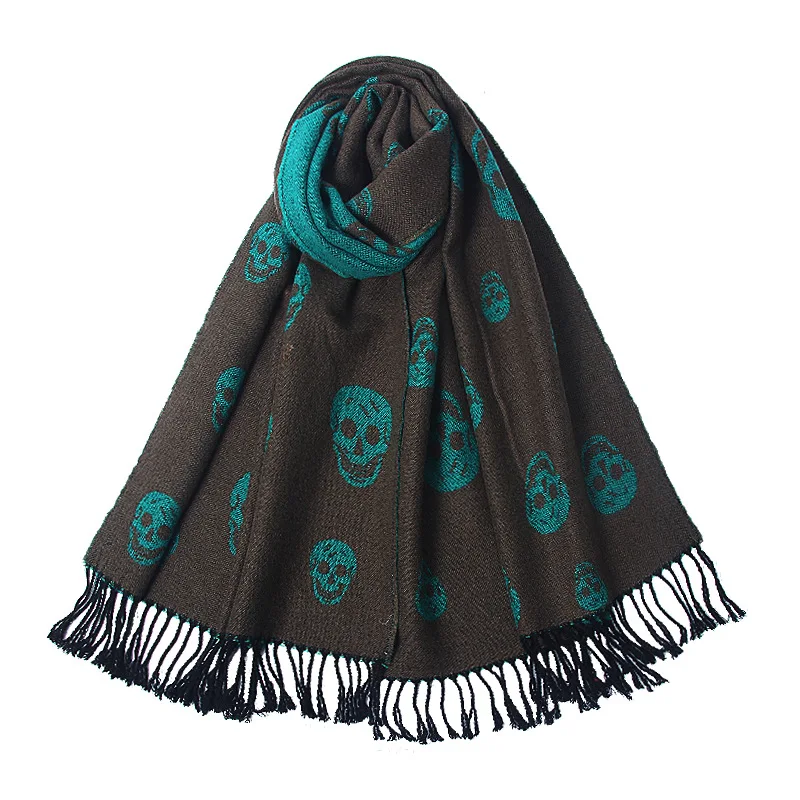 New Design Skeleton Scarf Unisex Men Winter Warm Cashmere Touch Shawl With Fringe Women Tassel Skull Print Wraps Pashmina