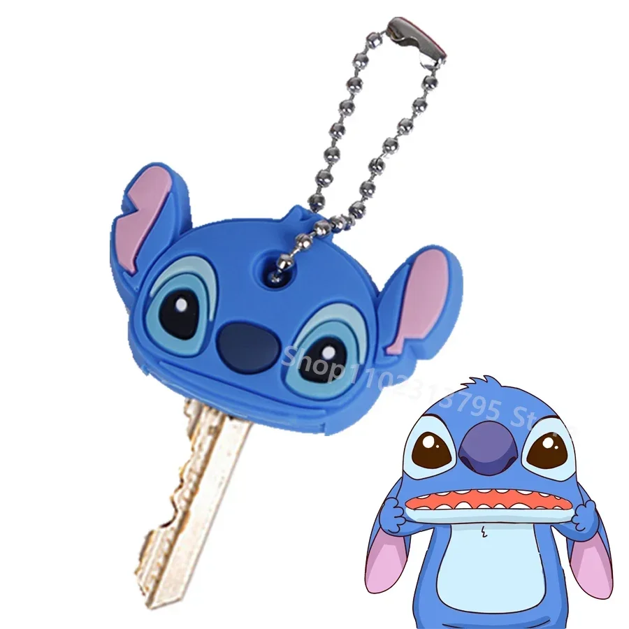 Disney Anime Lilo & Stitch Cartoon Key Cover Caps Key Chains Anime Keychain Silicone Alien Mike Car Key Ring Holder Women Gift