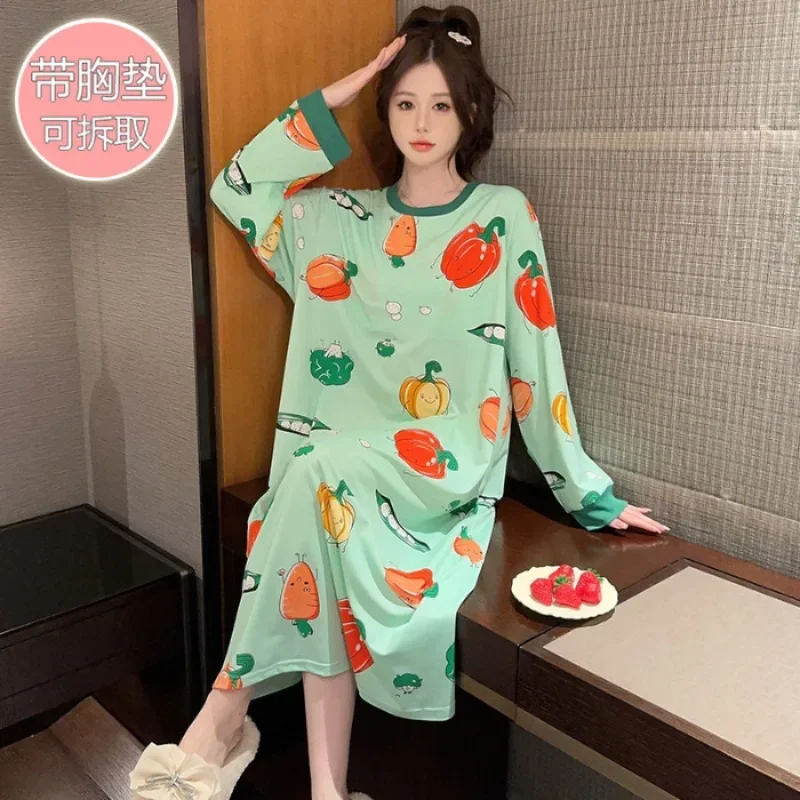 150kg Extra Large Size Spring Nightgown Sweet Long Sleeve Pijamas with Chest Pad Maxi Sleep Dress Can Be Worn Outside Loungewear