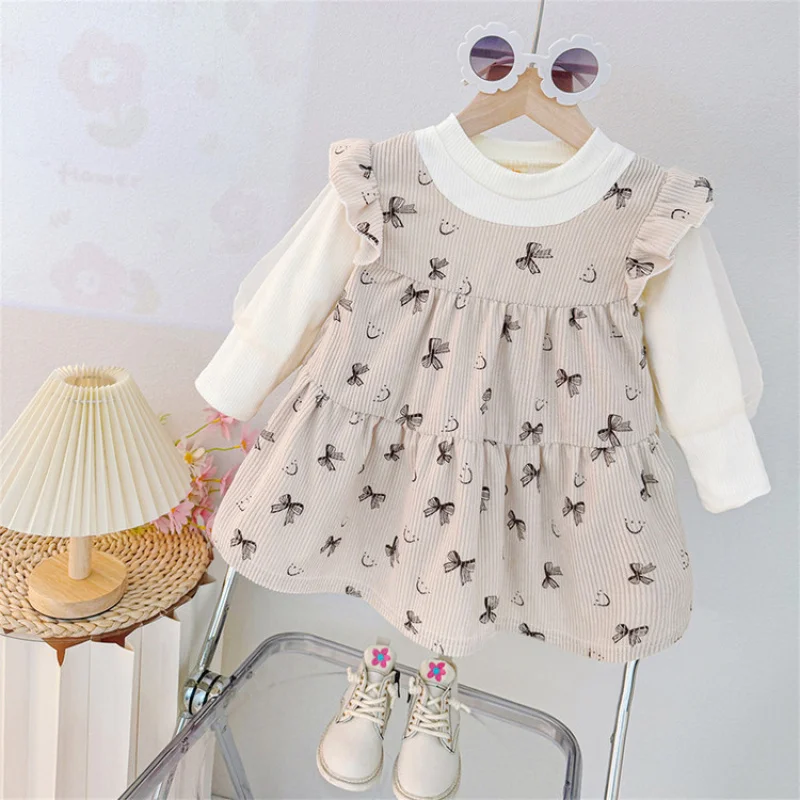 

Girls' Autumn New Faux Two-Piece Corduroy Vest Long Sleeve Dress Round Neck Printed Bow Lace Princess Dress
