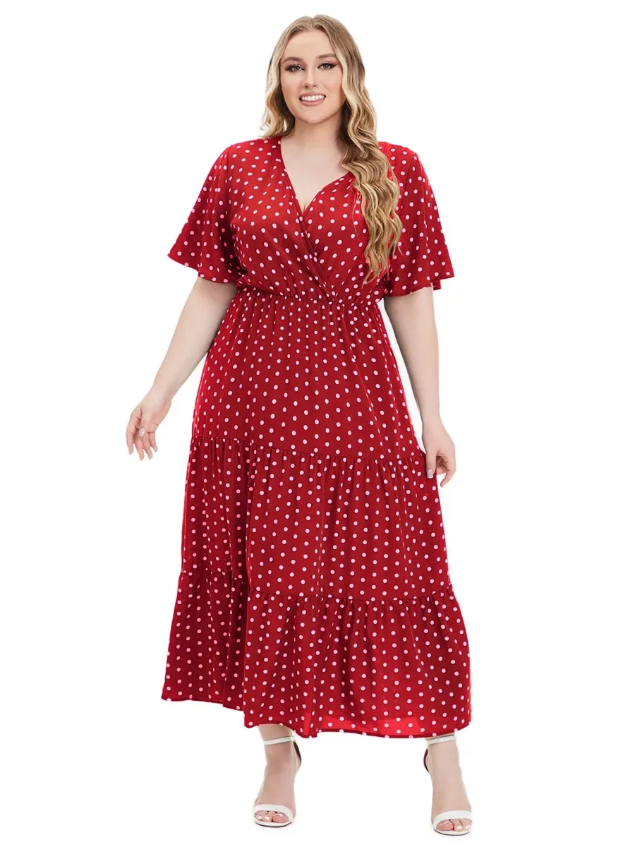 

Fashion Summer Dresses 2024 for Women Maxi Long Dress Red Green Blue Short Sleeve Women's Elegant Clothing Dots Womens Clothes