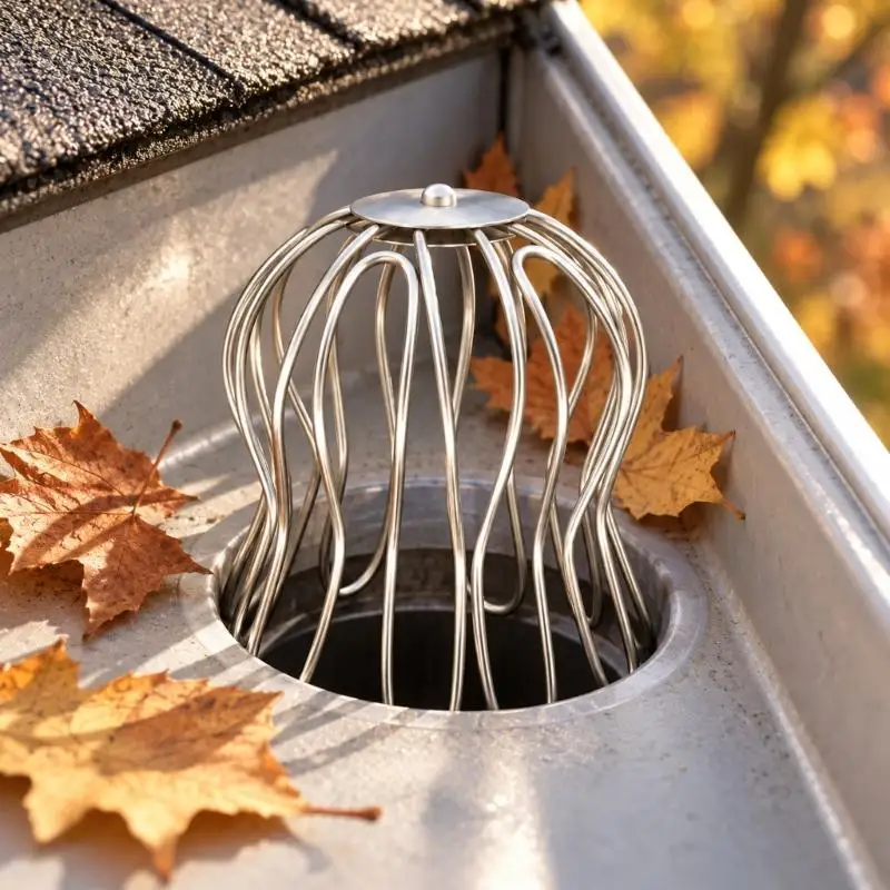 Downspout Guard Roof Gutter Strainer 2-Pack, Stainless Steel Domed Wire Baskets That Hold Back Fallen Foliage, M4YD