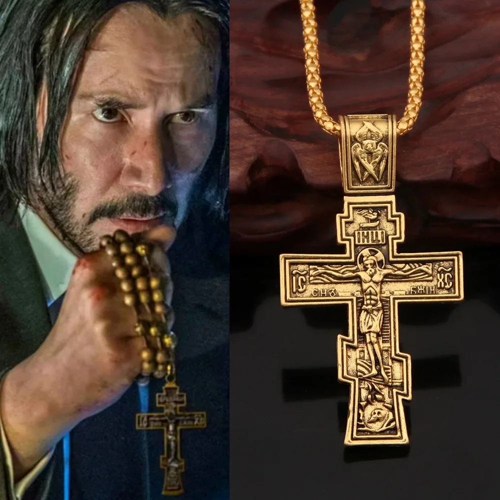 Movie John Wick Jesus Cross Necklace Crucifix Eastern Orthodox Prayer Big Pendant For Men Women Jewelry Accessories Gifts