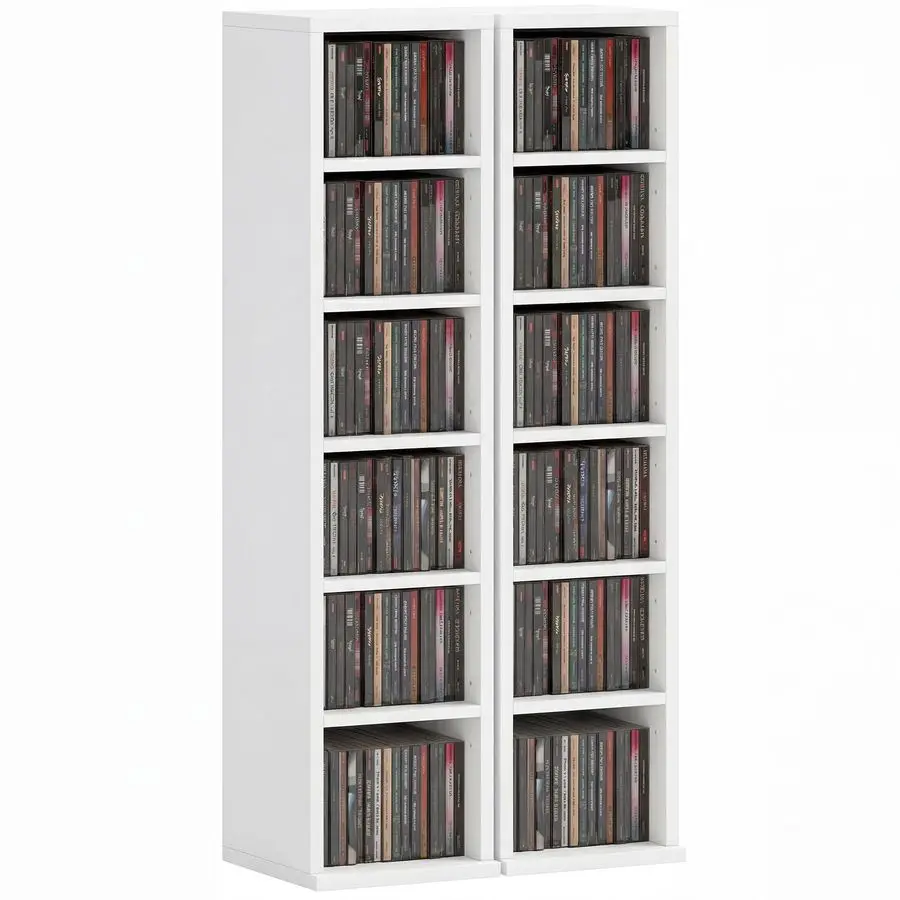 204 CD Storage Units Set of 2, BluRay Tower Rack with Adjustable Shelves, Bookcase Storage Organiser, White