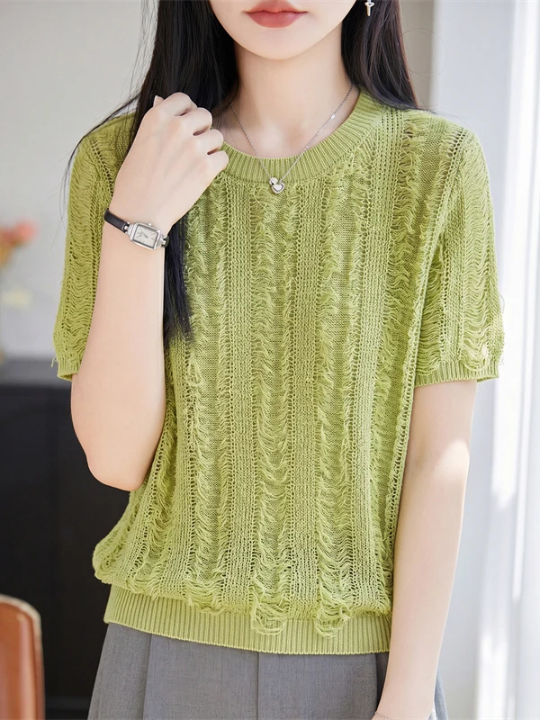 

Casual Loose Pearl Linen Short Sleeve T-Shirt Women's Summer Thin Breathable Large Size Loose Top Green Avocado Fringe