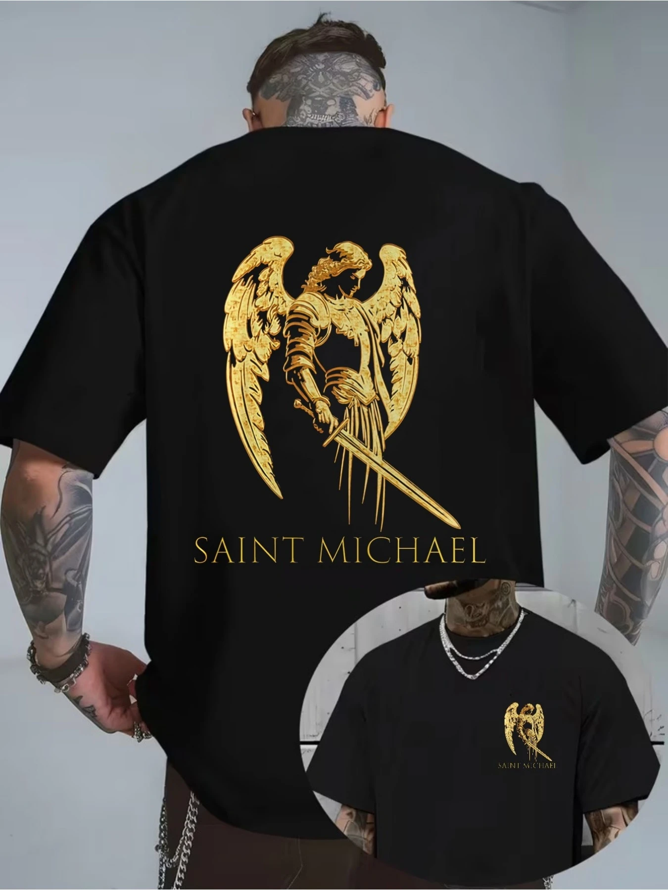 Men's Saint Michael Archangel Golden Graphic T-Shirt, Religious Warrior Print, Casual Short Sleeve Tee  Harajuku Vintage T Shirt