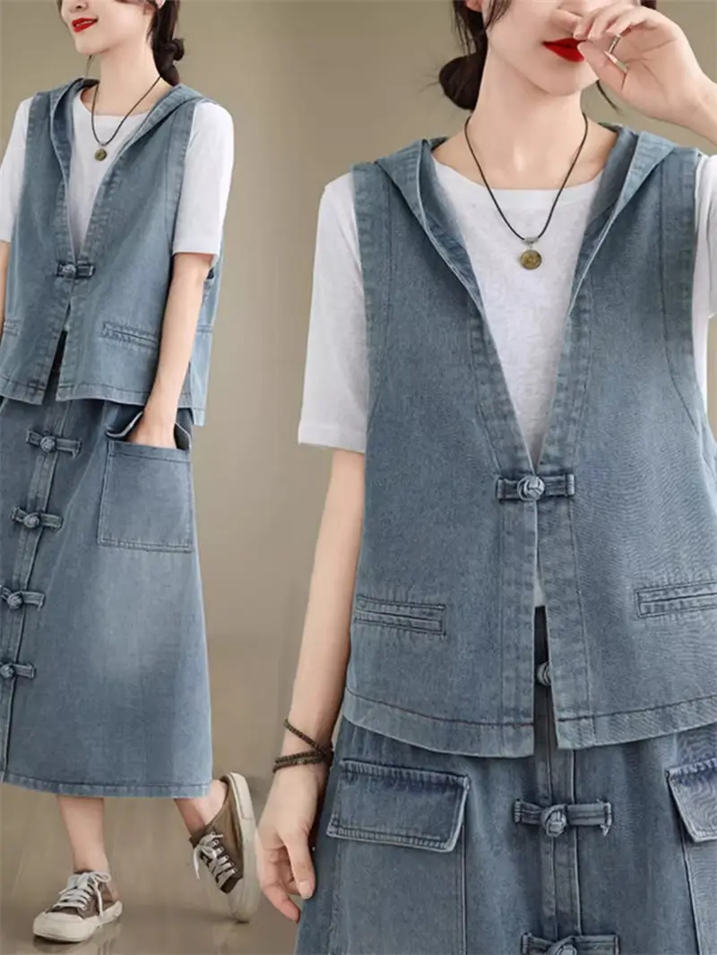 Retro Chinese Style Denim Vest Skirt Outfits 2024 Summer Loose Oversized Women's Clothing Jeans Skirt Suit Two Piece Set K1566