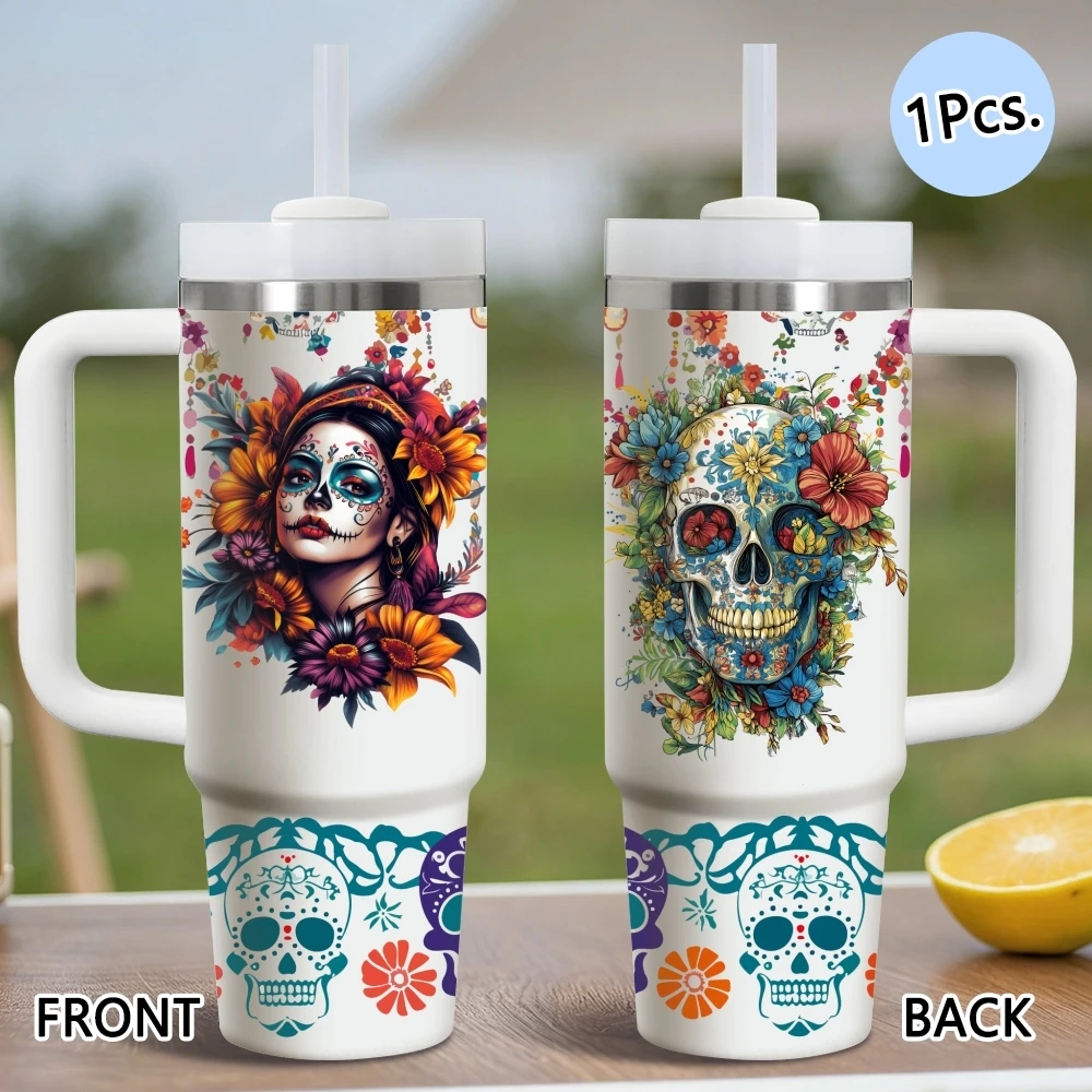 

Sugar Skull Vacuum Flasks 40oz Thermal Stainless Steel Tumbler with Handle Straw Leakproof Mug