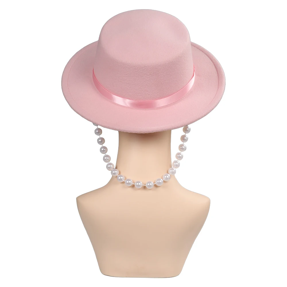 Barbier Margot Ken Cosplay Female Pink Pearl Chain Hat Cap for Women Girls Halloween Carnival Role Play Costume Accessories